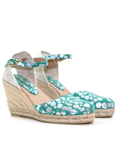Sandales compensées Nuria à pois verts - Talon : 6,5 cm