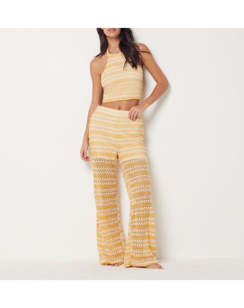 De sol b zonnegele lange, pluizige, wijd uitlopende en soepelvallende broek