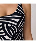 Espelho badpak uit één stuk zonder schelp, zwarte opdruk op witte achtergrond