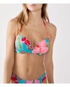 Klassischer Push-up-BH ohne Bügel und mit Muschel, Hibiskus-Print, blaugrün