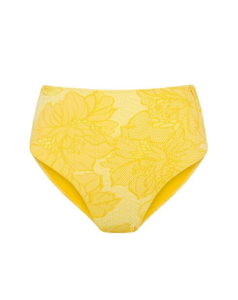 Geel bikinibroekje met hoge taille aan het zwembad