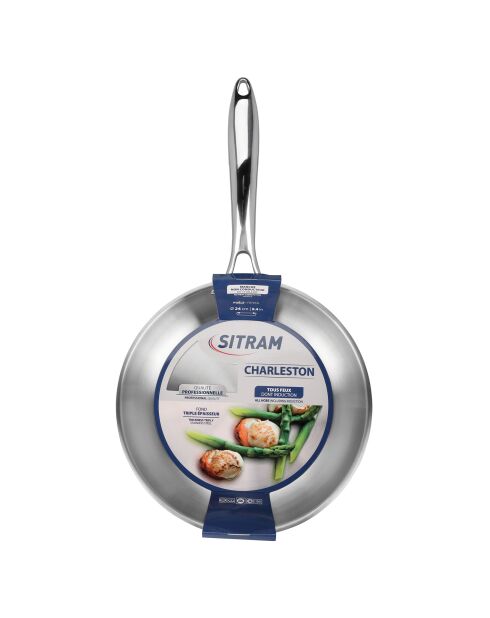 Charleston-graue, glänzende Edelstahlpfanne mit gebogener Form - D.24 cm