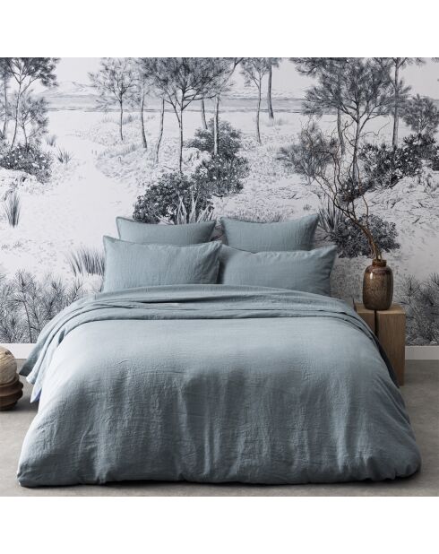 Federa in lino lavato tinta unita blu con cascata Nouvelle Vague