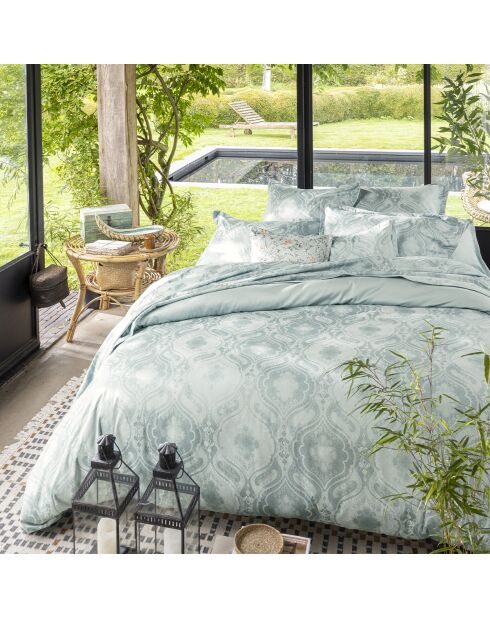 Federa stampata in raso di cotone biologico Shalimar blu baltico