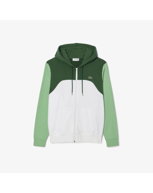 Weiß/liamone-grüner Kapuzenpullover mit Farbblock-Reißverschluss