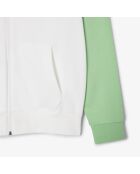 Weiß/liamone-grüner Kapuzenpullover mit Farbblock-Reißverschluss