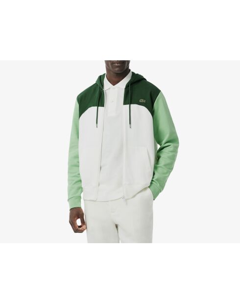 Weiß/liamone-grüner Kapuzenpullover mit Farbblock-Reißverschluss