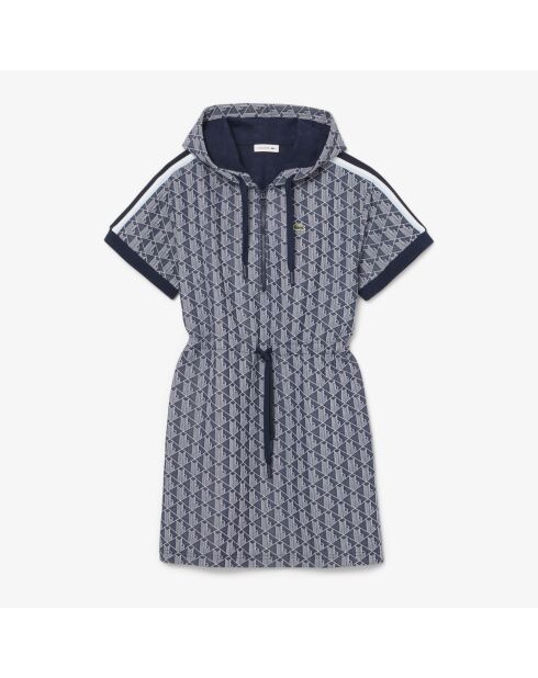 Marine/witte jacquardjurk met capuchon en monogram