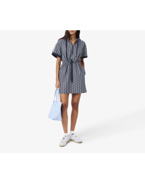 Marine/witte jacquardjurk met capuchon en monogram