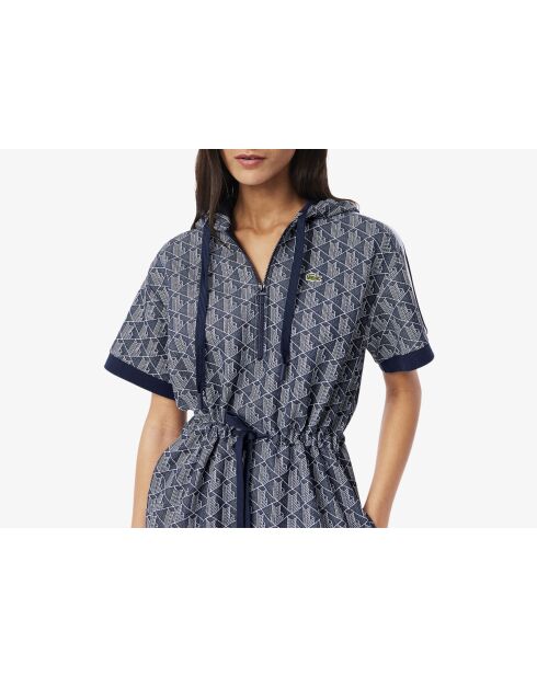 Marine/witte jacquardjurk met capuchon en monogram