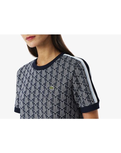 Slim-Fit-T-Shirt aus Jacquard mit Monogramm in Marineblau/Weiß