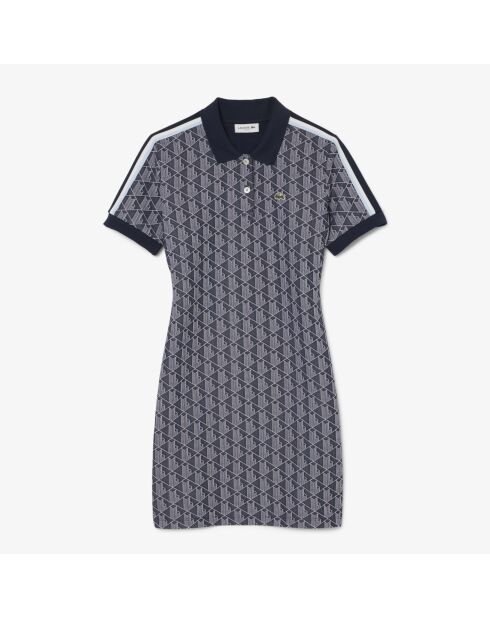 Marineblauw/witte jacquard-polojurk met jacquardmonogram en slanke pasvorm