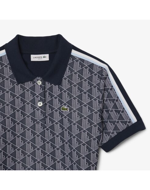 Marineblauw/witte jacquard-polojurk met jacquardmonogram en slanke pasvorm