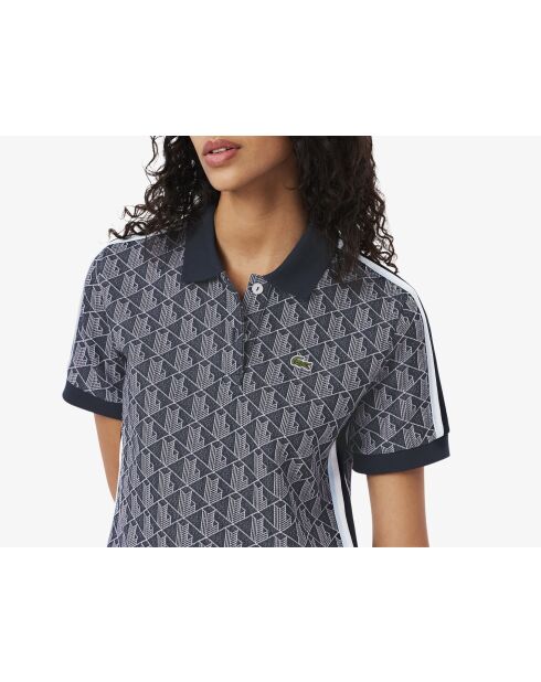 Marineblauw/witte jacquard-polojurk met jacquardmonogram en slanke pasvorm