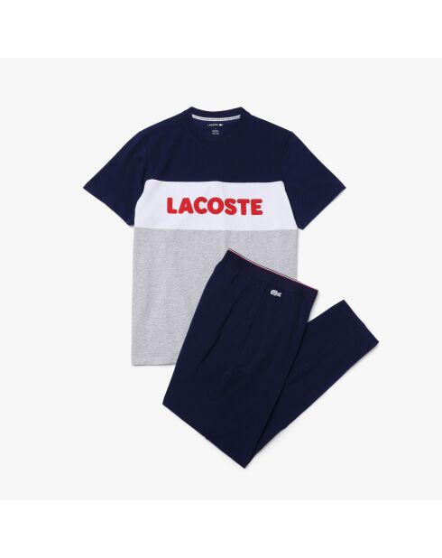 Ensemble de pyjama long coton color-block argenté chiné/marine/blanc