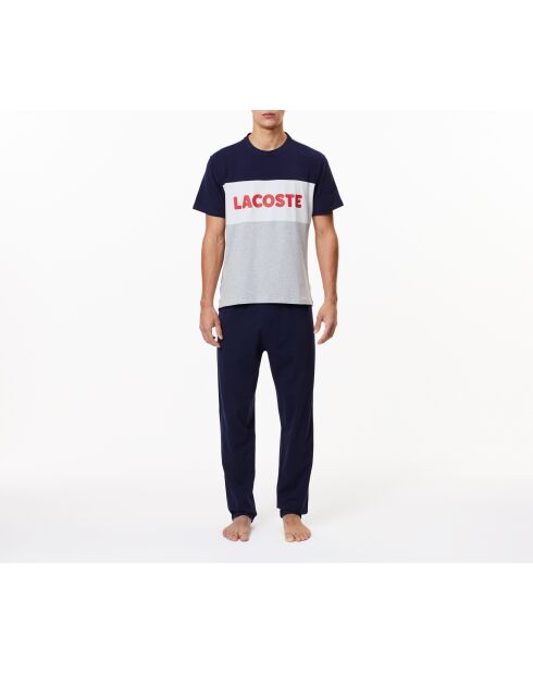 Ensemble de pyjama long coton color-block argenté chiné/marine/blanc