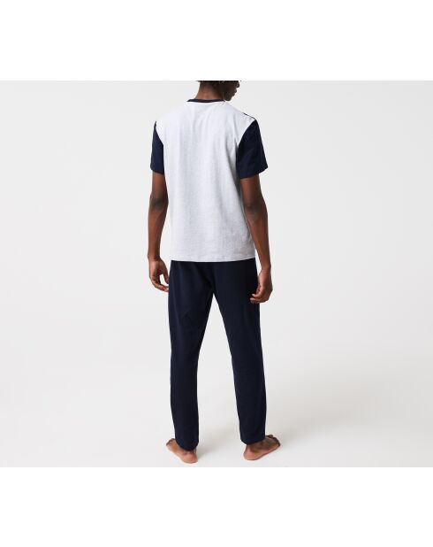 Ensemble de pyjama long coton color-block argenté chiné/marine/blanc