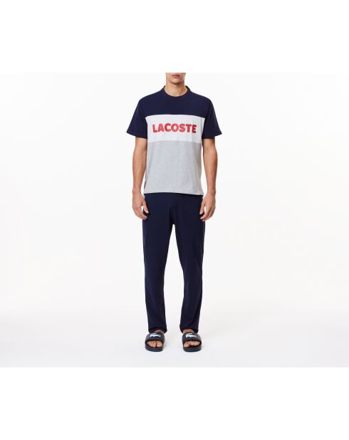Ensemble de pyjama long coton color-block argenté chiné/marine/blanc