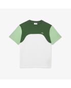 Weißes/liamone-grünes T-Shirt aus Baumwolljersey mit Farbblockmuster