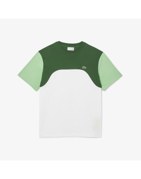 Weißes/liamone-grünes T-Shirt aus Baumwolljersey mit Farbblockmuster