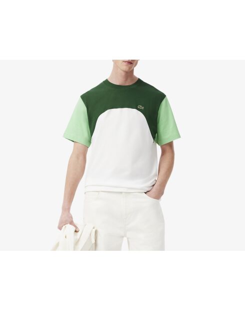 Weißes/liamone-grünes T-Shirt aus Baumwolljersey mit Farbblockmuster