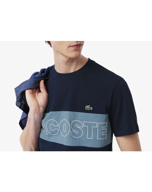 Marineblauw/kalkstenen katoenen T-shirt met kleurvlakken