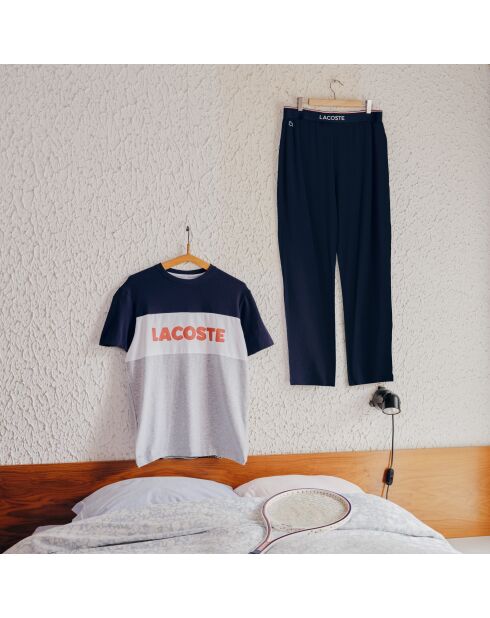Ensemble de pyjama long coton color-block argenté chiné/marine/blanc