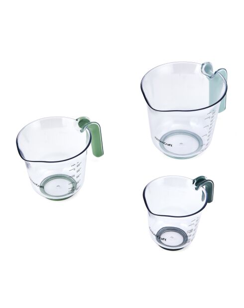 Set van 3 maatbekers, stapelbare kannen met groene en blauwe handgrepen en schenktuiten - 15,1x19x14 cm
