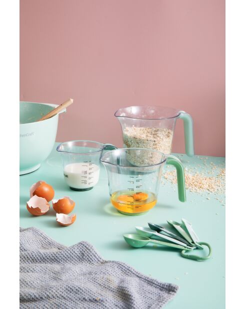 Set van 3 maatbekers, stapelbare kannen met groene en blauwe handgrepen en schenktuiten - 15,1x19x14 cm