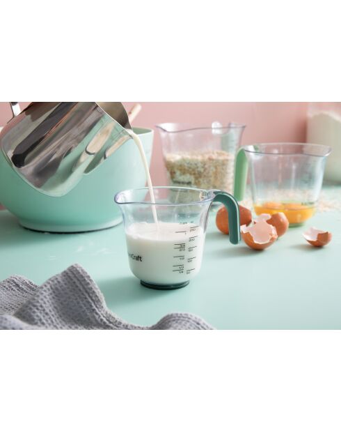 Set van 3 maatbekers, stapelbare kannen met groene en blauwe handgrepen en schenktuiten - 15,1x19x14 cm