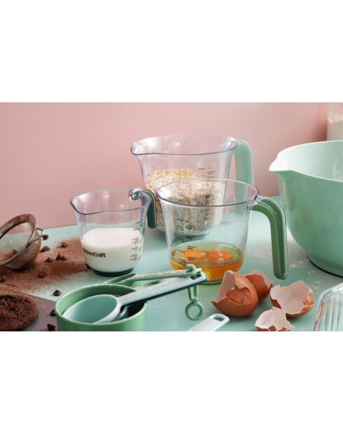 Set van 3 maatbekers, stapelbare kannen met groene en blauwe handgrepen en schenktuiten - 15,1x19x14 cm