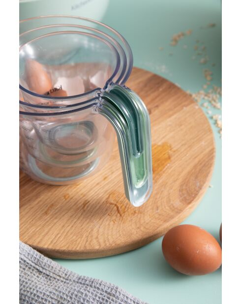 Juego de 3 jarras medidoras, jarras apilables con asas verdes y azules y boquillas para verter, 15,1 x 19 x 14 cm