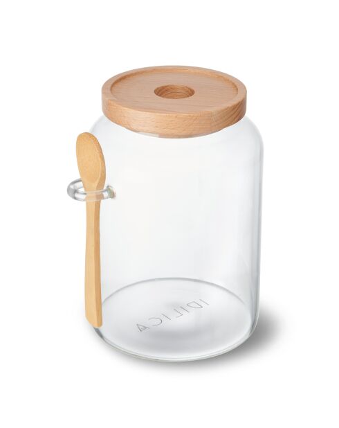 Barattolo in vetro con coperchio in legno di faggio e cucchiaio - 13x10,8x17 cm