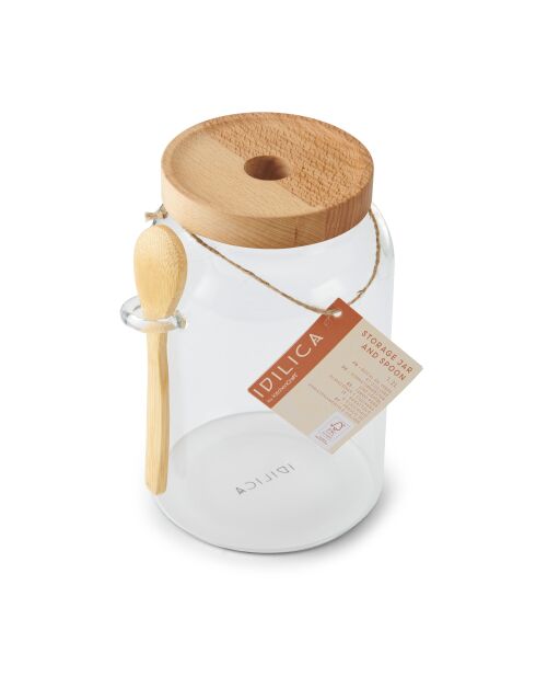 Barattolo in vetro con coperchio in legno di faggio e cucchiaio - 13x10,8x17 cm