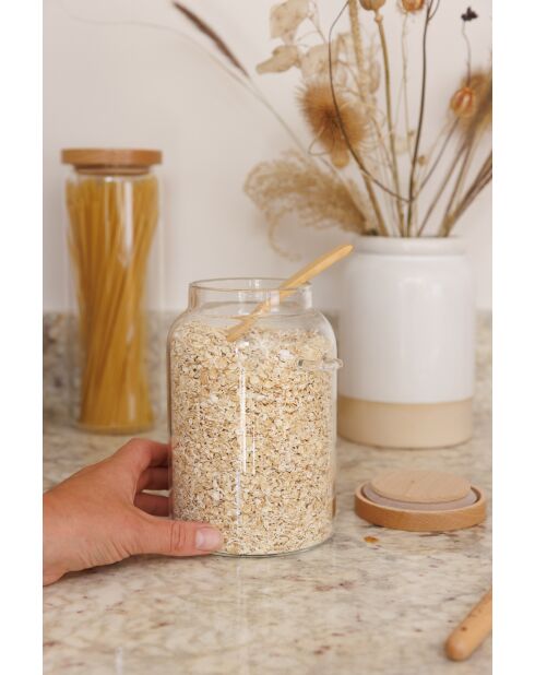 Barattolo in vetro con coperchio in legno di faggio e cucchiaio - 13x10,8x17 cm