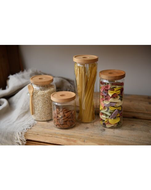 Tarro de cristal con tapa de madera de haya y cuchara, 13 x 10,8 x 17 cm