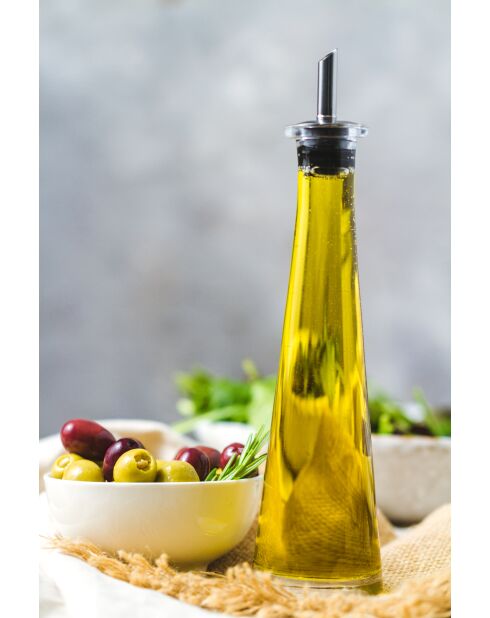 Piramidevormige Italiaanse glazen oliefles „World of Flavours”, transparant — 6x6x25 cm