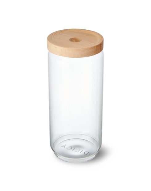 Tarro de vidrio con tapa de madera de haya color crema envejecida, 9,2 x 9,2 x 20,5 cm