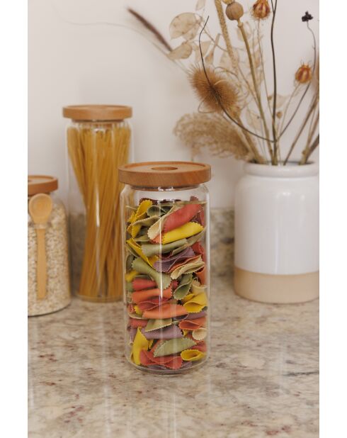 Tarro de vidrio con tapa de madera de haya color crema envejecida, 9,2 x 9,2 x 20,5 cm