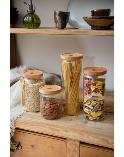 Tarro de vidrio con tapa de madera de haya color crema envejecida, 9,2 x 9,2 x 20,5 cm