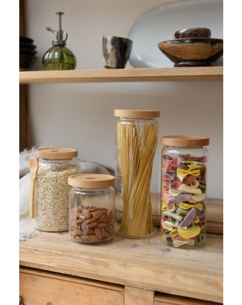 Tarro de vidrio con tapa de madera de haya color crema envejecida, 9,2 x 9,2 x 20,5 cm