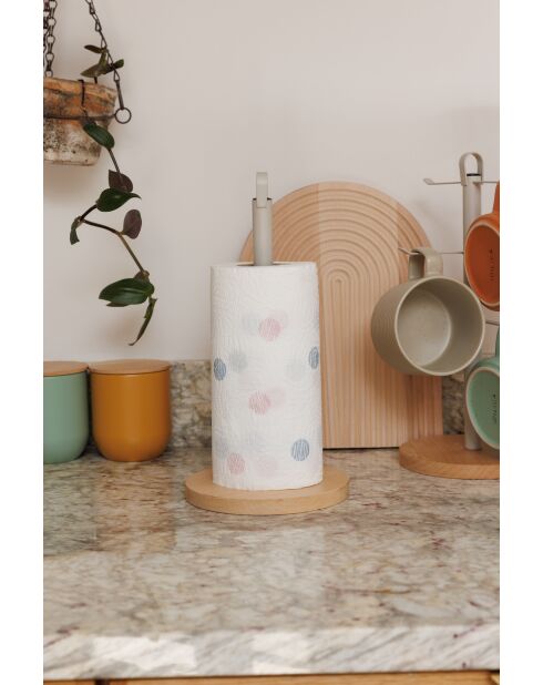 Porte-rouleau de cuisine en métal avec base en bois de hêtre Crème antique - 15.8x15.8x31 cm