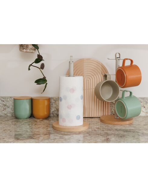 Porte-rouleau de cuisine en métal avec base en bois de hêtre Crème antique - 15.8x15.8x31 cm