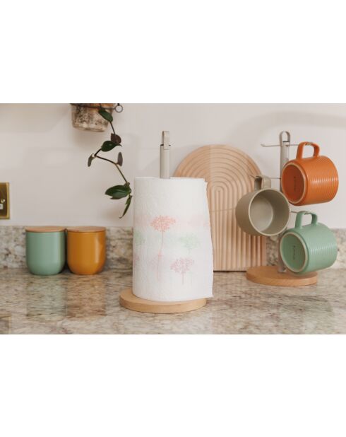 Portarotolo da cucina in metallo con base in legno di faggio Crema antica - 15,8x15,8x31 cm