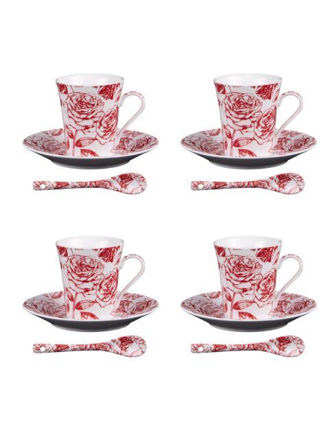 Set van 4 gemengde theekopjes met Louise-rode lepels - 9x9x8cm