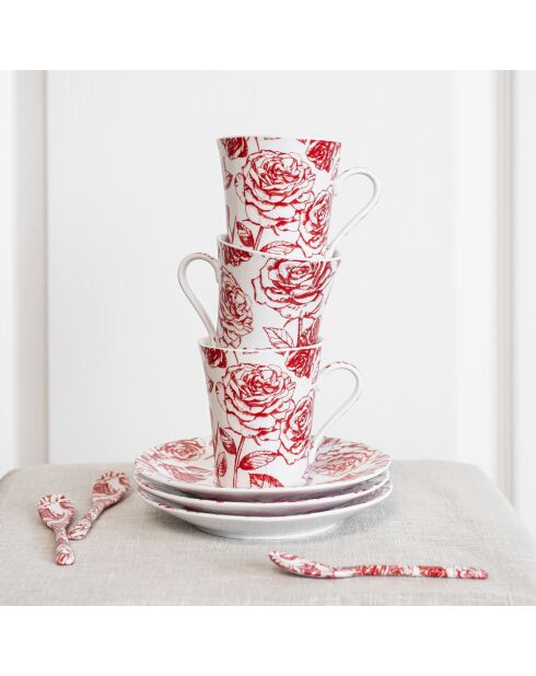 Set van 4 gemengde theekopjes met Louise-rode lepels - 9x9x8cm