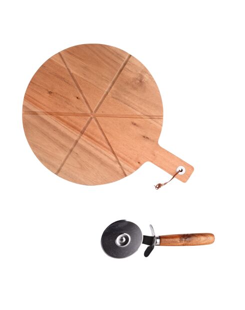 Coffret pizza 2 pièces avec plateau 32cm et roulette marron - 42x24x2cm