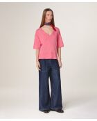 Mei snoeproze wollen trui met korte mouwen en V-hals