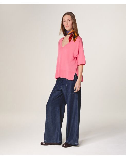 Mei snoeproze wollen trui met korte mouwen en V-hals