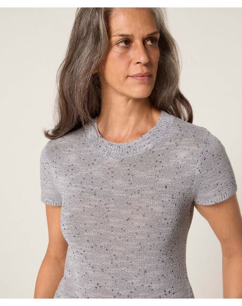Hasna heather grijze geribbelde trui met korte mouwen